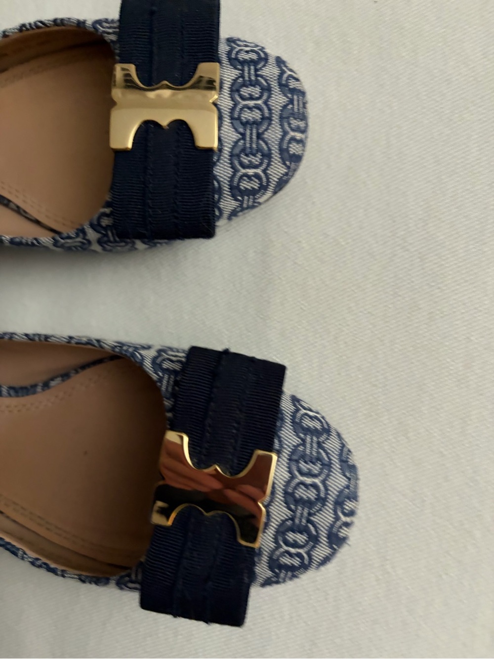 Tory Burch Navy Patterned Logo Bow Flats with Gold Hardware
